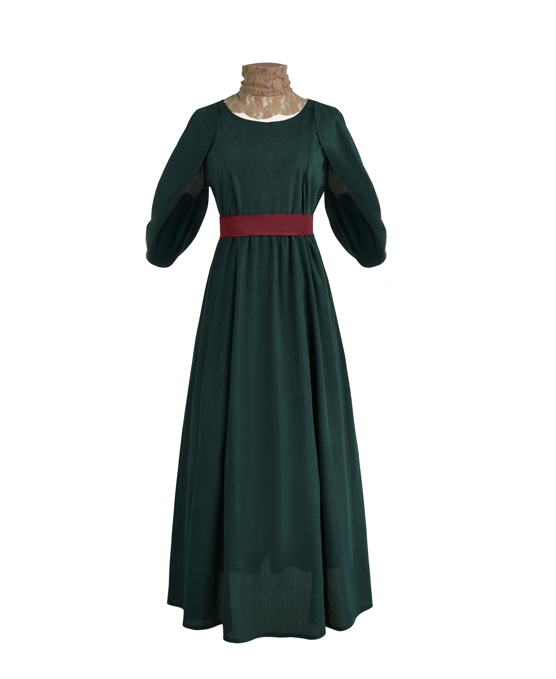 Women Ancient Greek Queen Dress Dark Green Flowing Toga Gown with Lace Collar and Belt for Halloween Cosplay