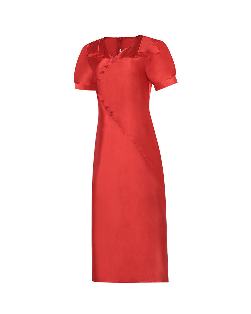 Bride Red Satin Dress with Puff Sleeves Vintage Midi Dress for Cosplay