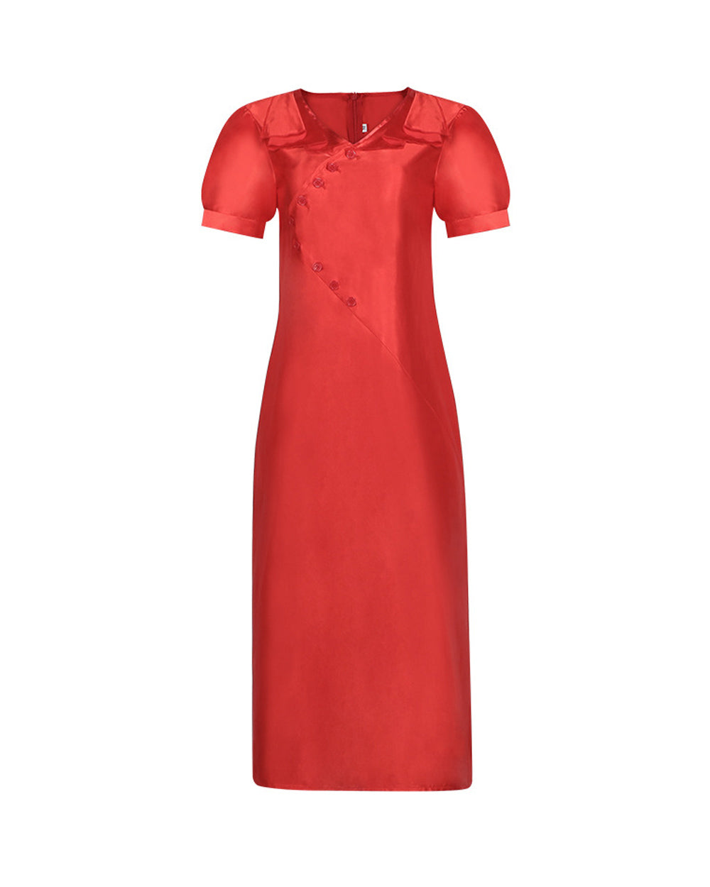 Bride Red Satin Dress with Puff Sleeves Vintage Midi Dress for Cosplay