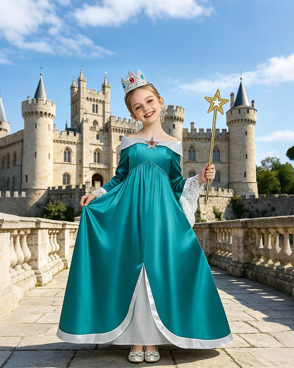 Girls Rosalina Costume The Galaxy Movie Turquoise Off-shoulder Princess Dress with Crown Star Wand and Wig for Cosplay