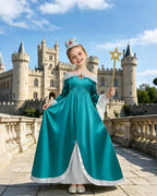 Girls Rosalina Costume The Galaxy Movie Turquoise Off-shoulder Princess Dress with Crown Star Wand and Wig for Cosplay