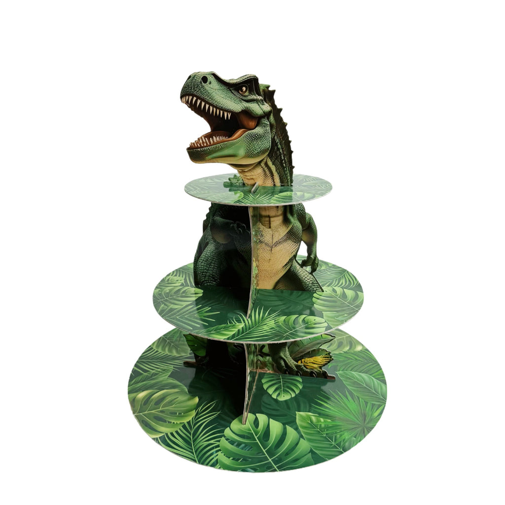 Three-tier Dino Cupcake Stand Jungle Themed Paper Dessert Tower for Dino Party Decorations