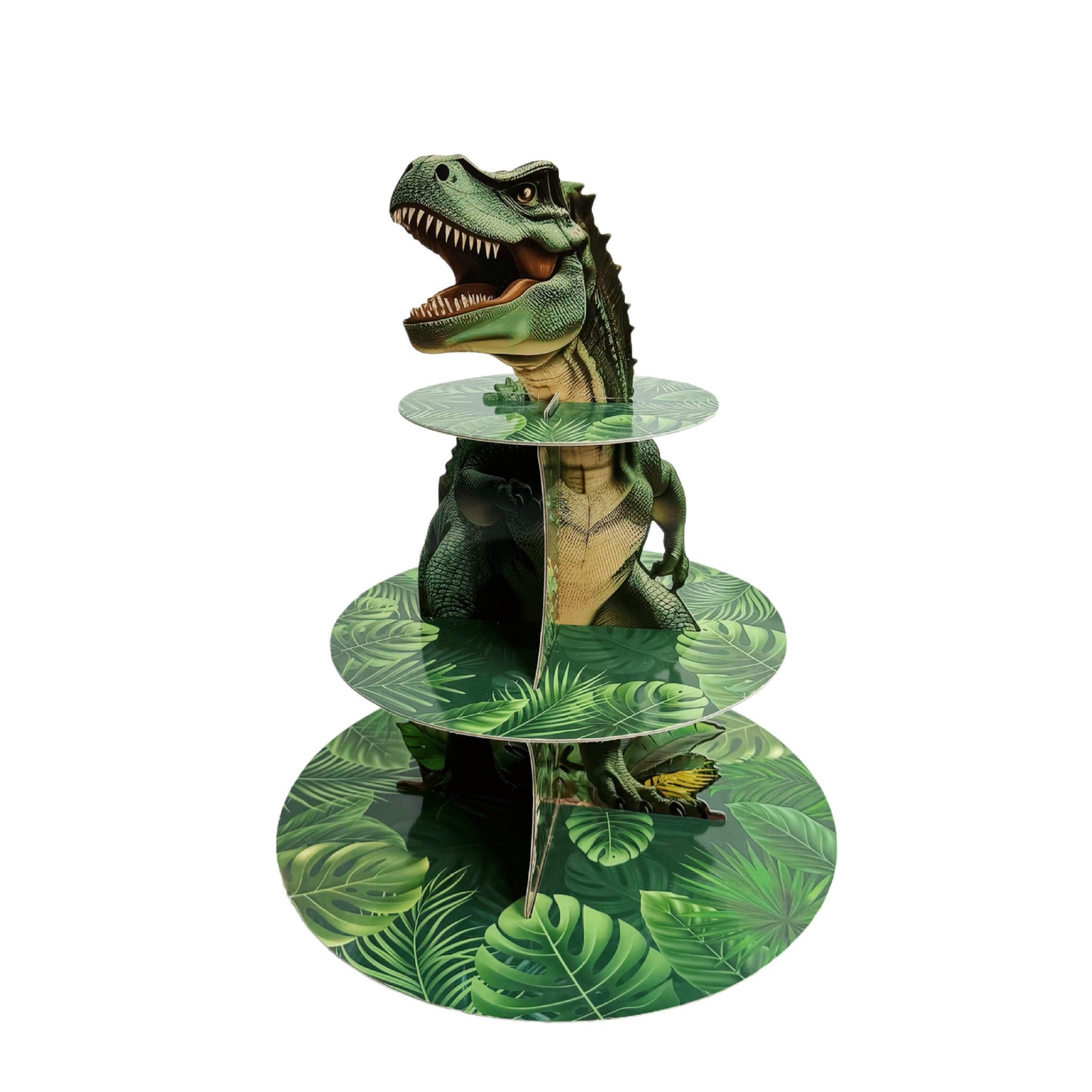 Three-tier Dino Cupcake Stand Jungle Themed Paper Dessert Tower for Dino Party Decorations