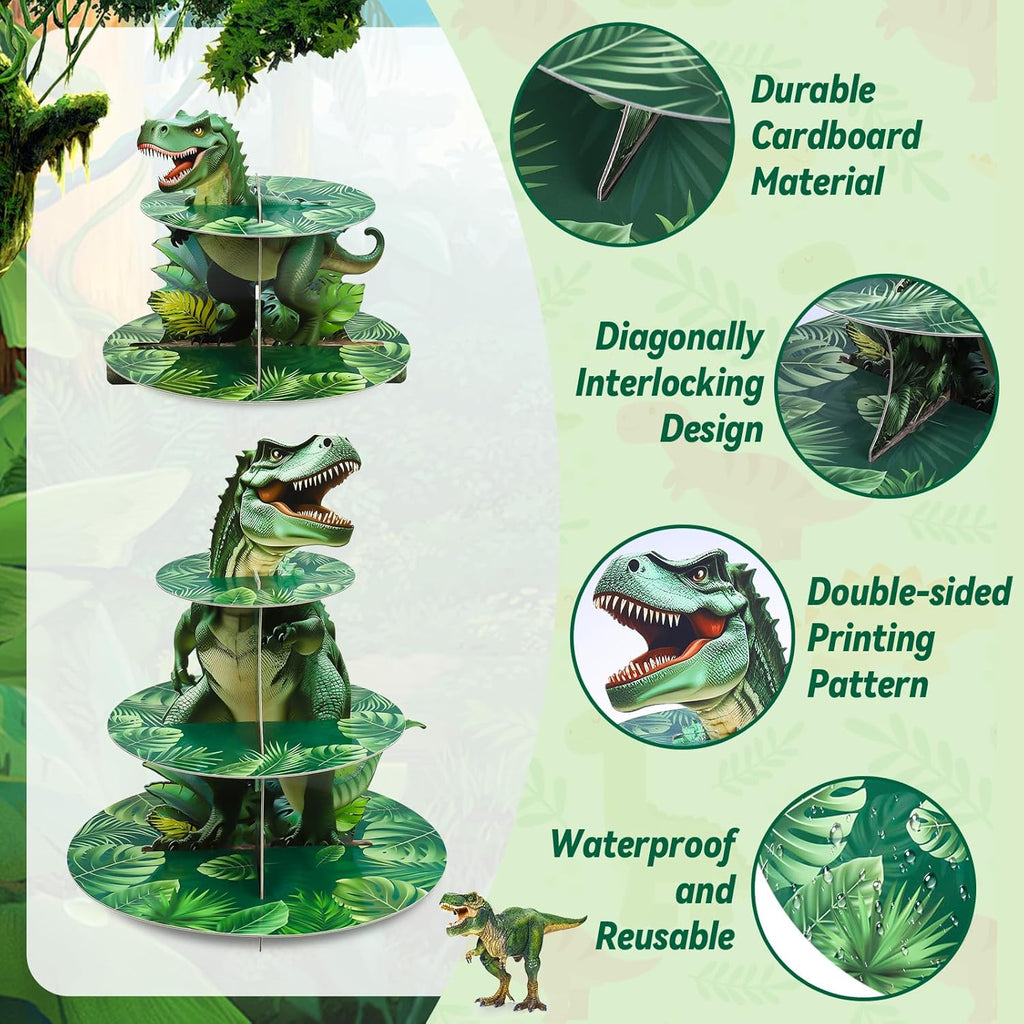 Three-tier Dino Cupcake Stand Jungle Themed Paper Dessert Tower for Dino Party Decorations