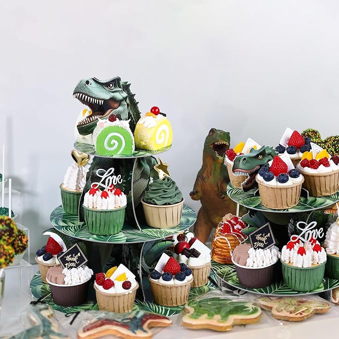 Three-tier Dino Cupcake Stand Jungle Themed Paper Dessert Tower for Dino Party Decorations