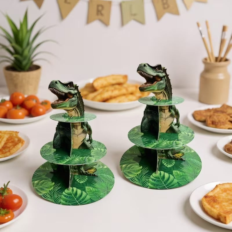 Three-tier Dino Cupcake Stand Jungle Themed Paper Dessert Tower for Dino Party Decorations