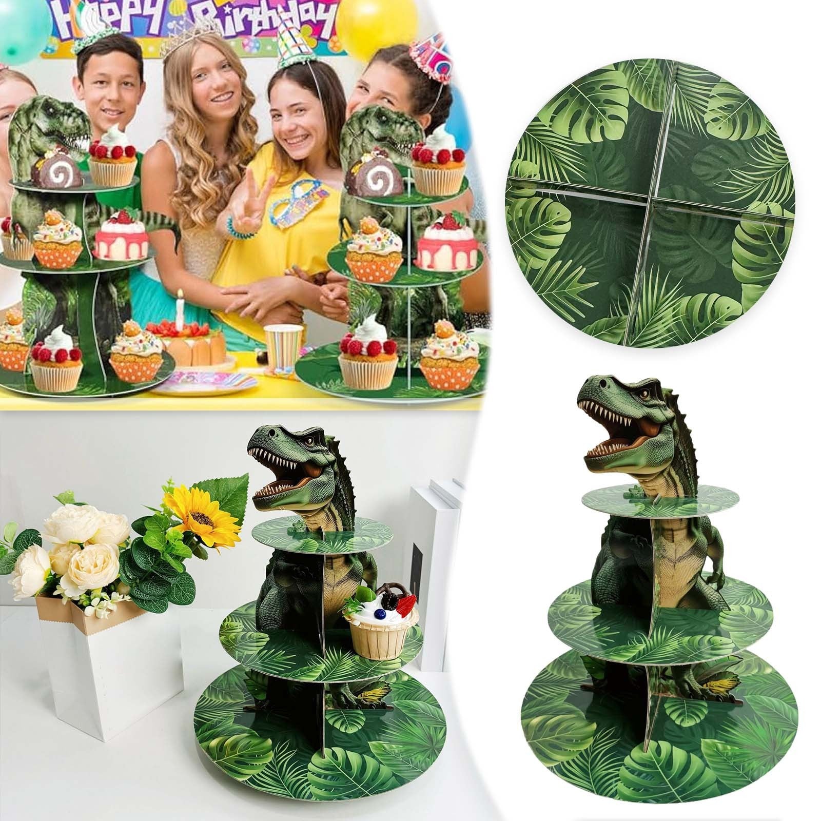 Three-tier Dino Cupcake Stand Jungle Themed Paper Dessert Tower for Dino Party Decorations