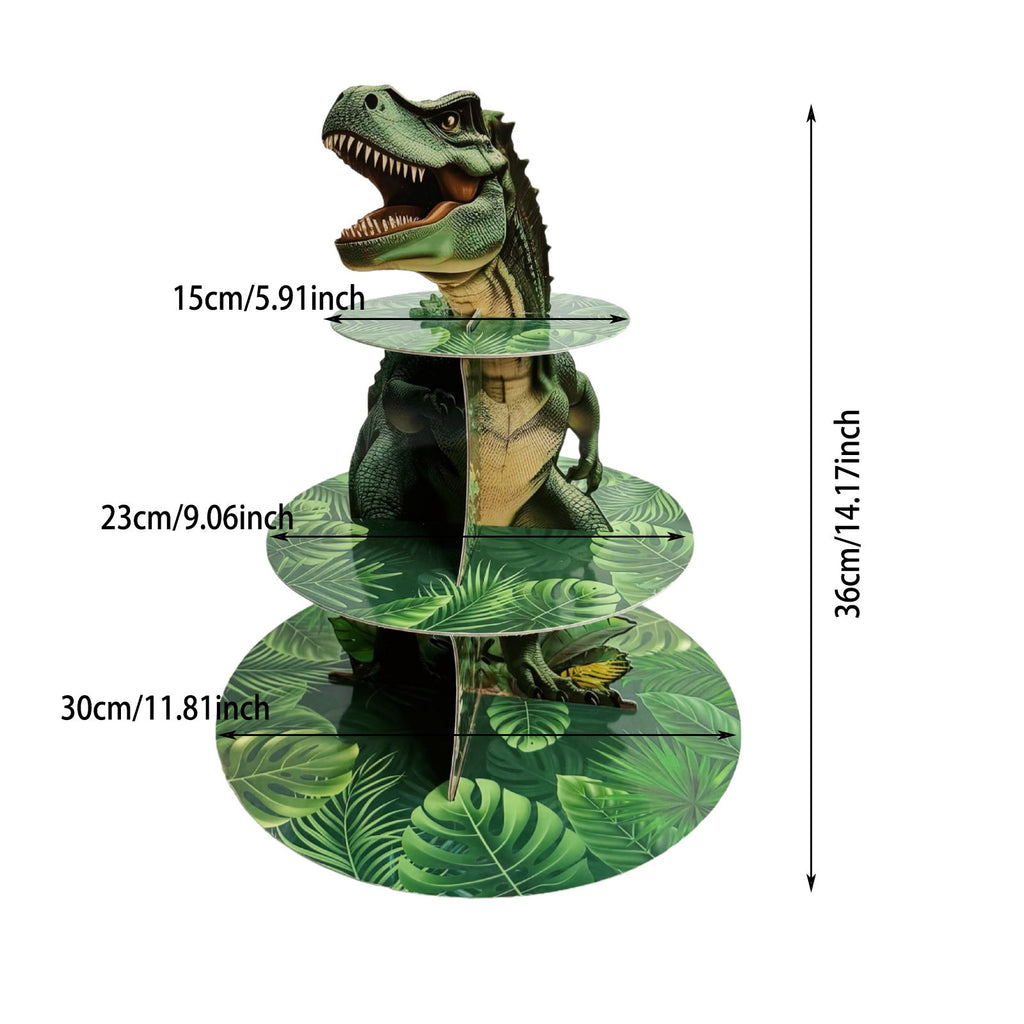 Three-tier Dino Cupcake Stand Jungle Themed Paper Dessert Tower for Dino Party Decorations