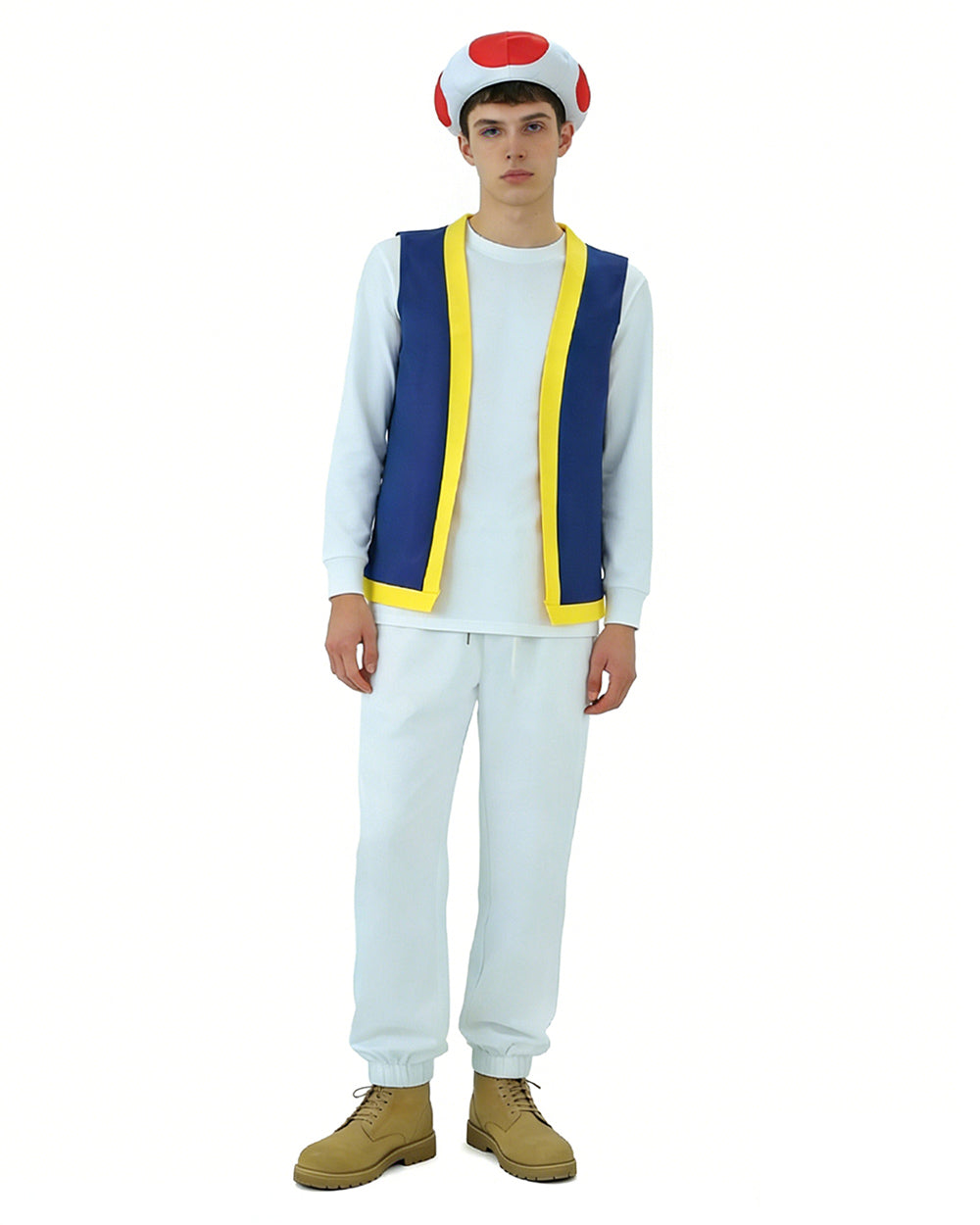 Mushroom Costume Blue Open-front Vest with White Pants and Plush Hat for Cosplay Party