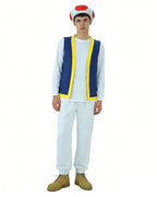 Mushroom Costume Blue Open-front Vest with White Pants and Plush Hat for Cosplay Party