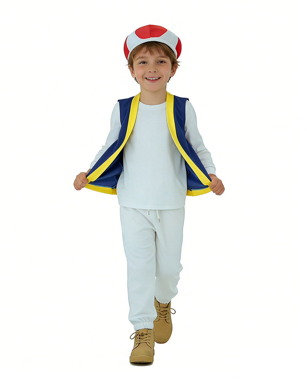 Mushroom Costume Blue Open-front Vest with White Pants and Plush Hat for Cosplay Party