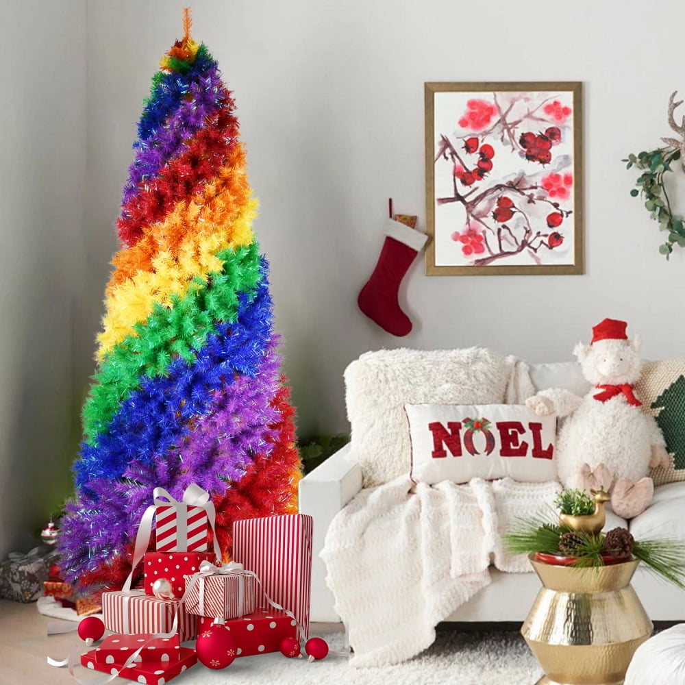6ft Rainbow Christmas Tree Full Fir Hinged Xmas Tree Spiral Design Holiday Decoration