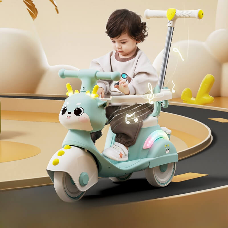 Toddler 3-IN-1 Ride on Car Baby Cartoon Push Car with Detachable Handle and Guardrail