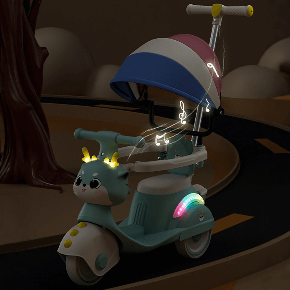 4-IN-1 Electric Push Car Toddler 6V Cartoon Ride-on Toy with Training Wheels and Detachable Handle