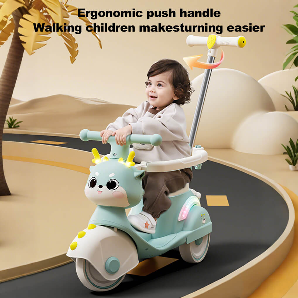 Toddler 3-IN-1 Ride on Car Baby Cartoon Push Car with Detachable Handle and Guardrail