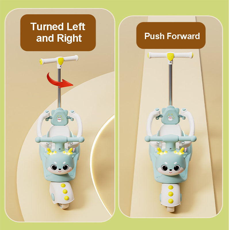 Toddler 3-IN-1 Ride on Car Baby Cartoon Push Car with Detachable Handle and Guardrail