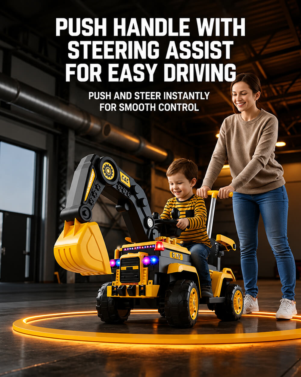 Toddler 6V Ride On Push Car 3-in-1 Electric Excavator with Detachable Push Handle and Safety Guardrail