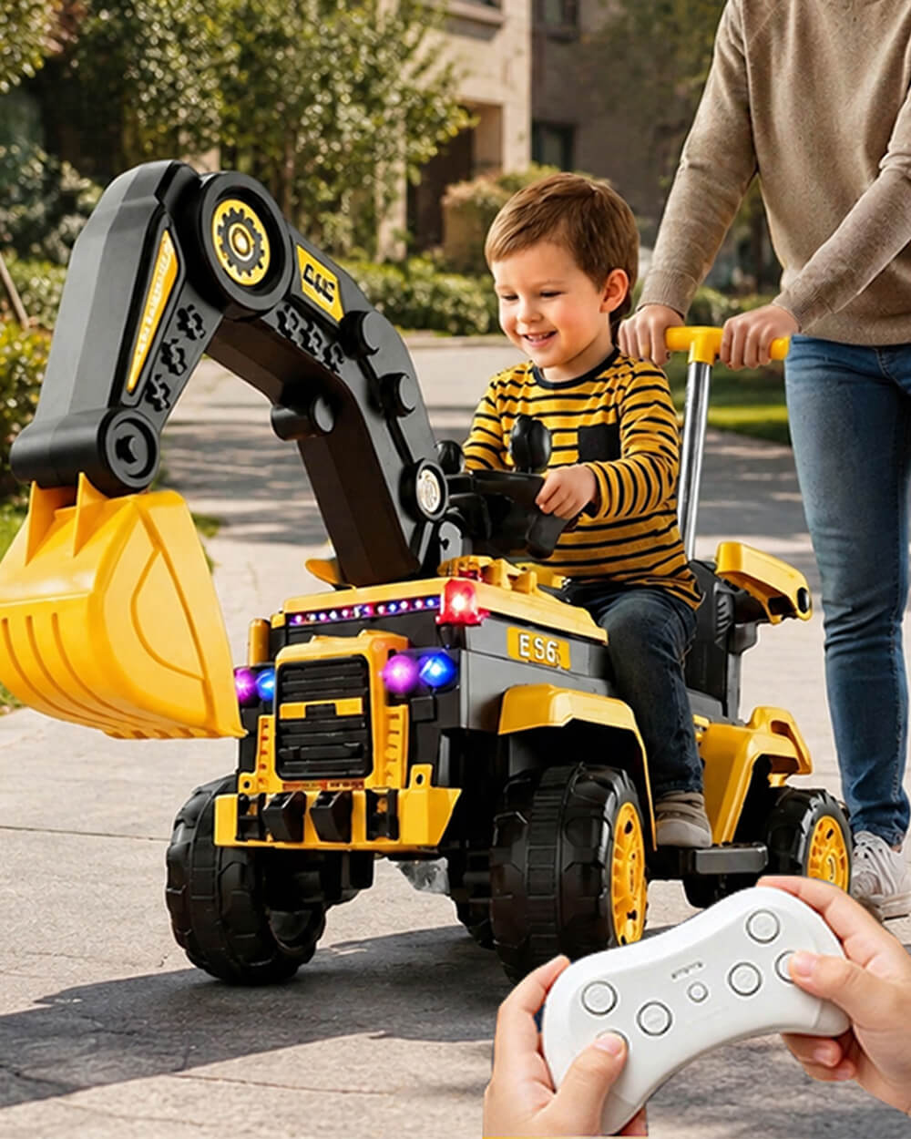 Toddler 6V Ride On Push Car 3-in-1 Electric Excavator with Detachable Push Handle and Safety Guardrail