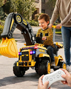 Toddler 6V Ride On Push Car 3-in-1 Electric Excavator with Detachable Push Handle and Safety Guardrail