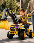 Toddler 6V Ride On Push Car 3-in-1 Electric Excavator with Detachable Push Handle and Safety Guardrail