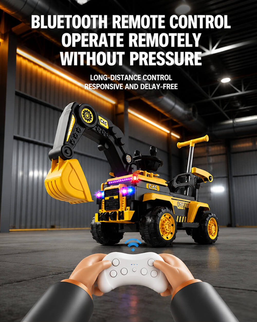 Toddler 6V Ride On Push Car 3-in-1 Electric Excavator with Detachable Push Handle and Safety Guardrail