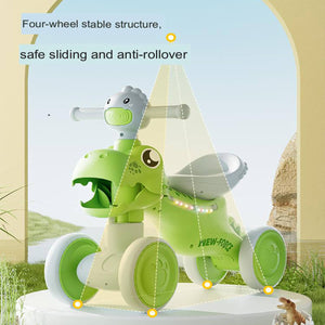 Balance Bike Toddler 4 Wheels Dinosaur Bike Cute Ride On Toys with Light and Music