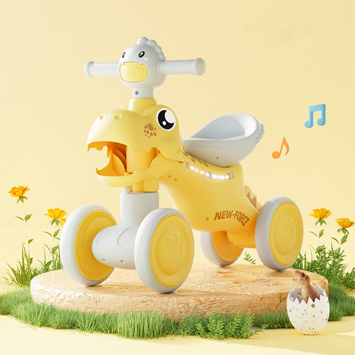 Balance Bike Toddler 4 Wheels Dinosaur Bike Cute Ride On Toys with Light and Music