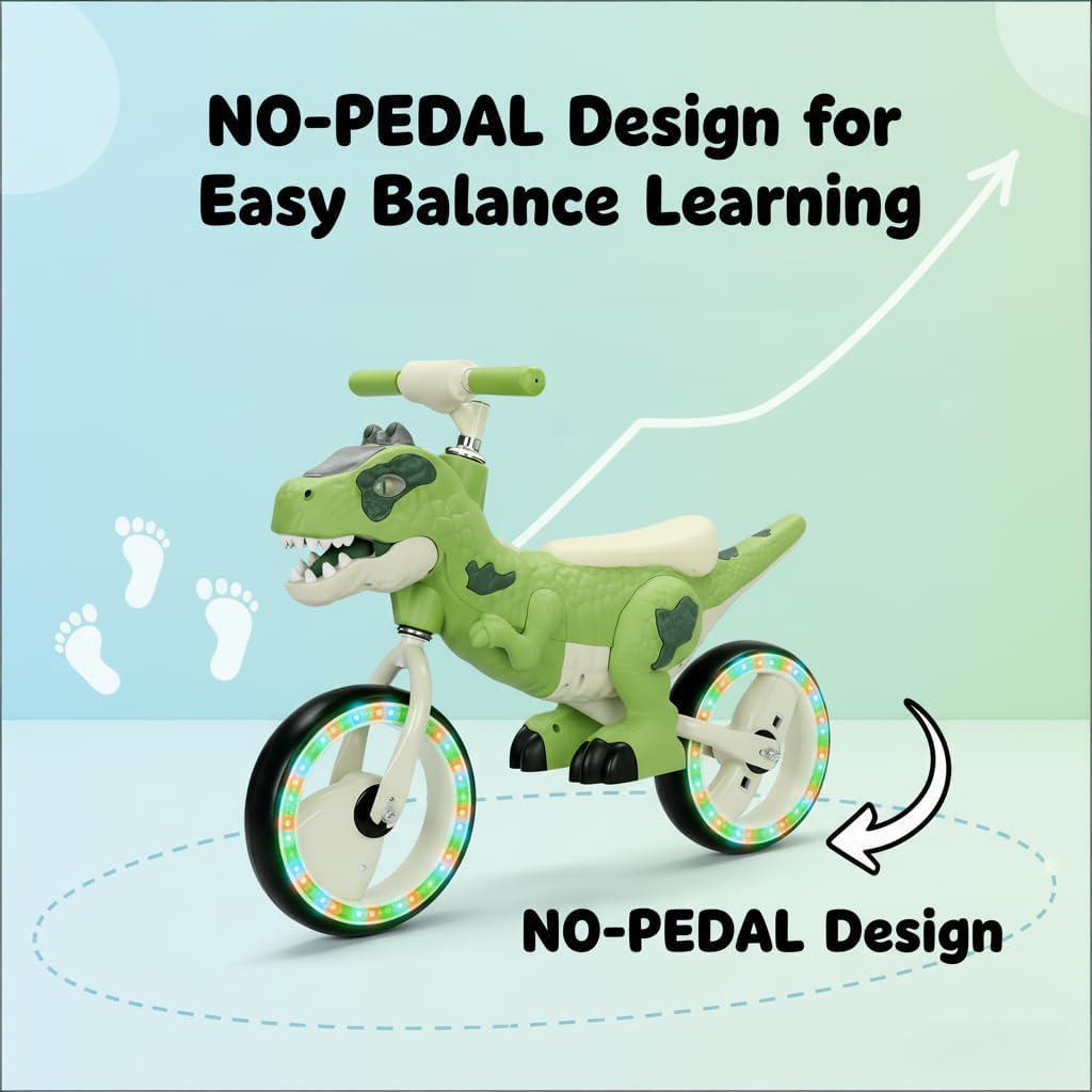 Toddler Dino Balance Bike No-Pedal Training Bike with Adjustable Handlebars and Carbon Steel Frame