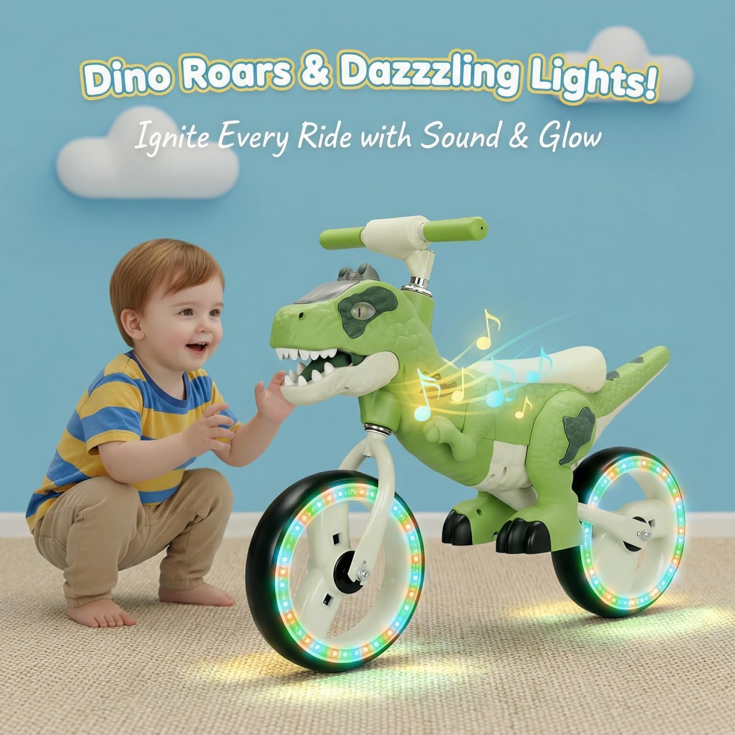 Toddler Dino Balance Bike No-Pedal Training Bike with Adjustable Handlebars and Carbon Steel Frame