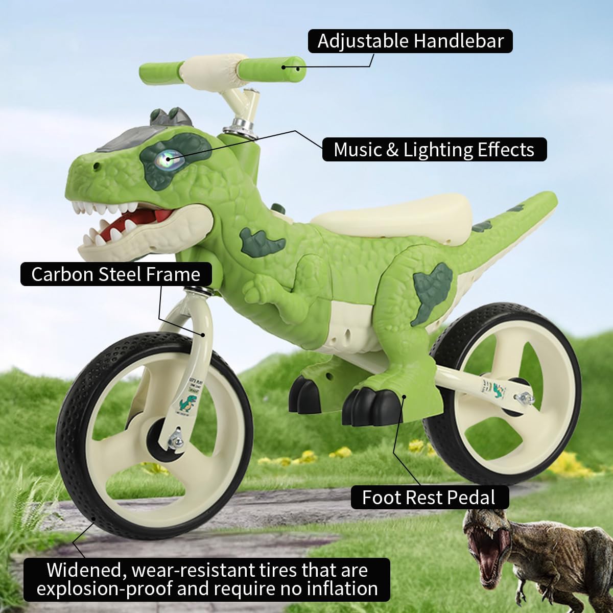 Toddler Dino Balance Bike No-Pedal Training Bike with Adjustable Handlebars and Carbon Steel Frame