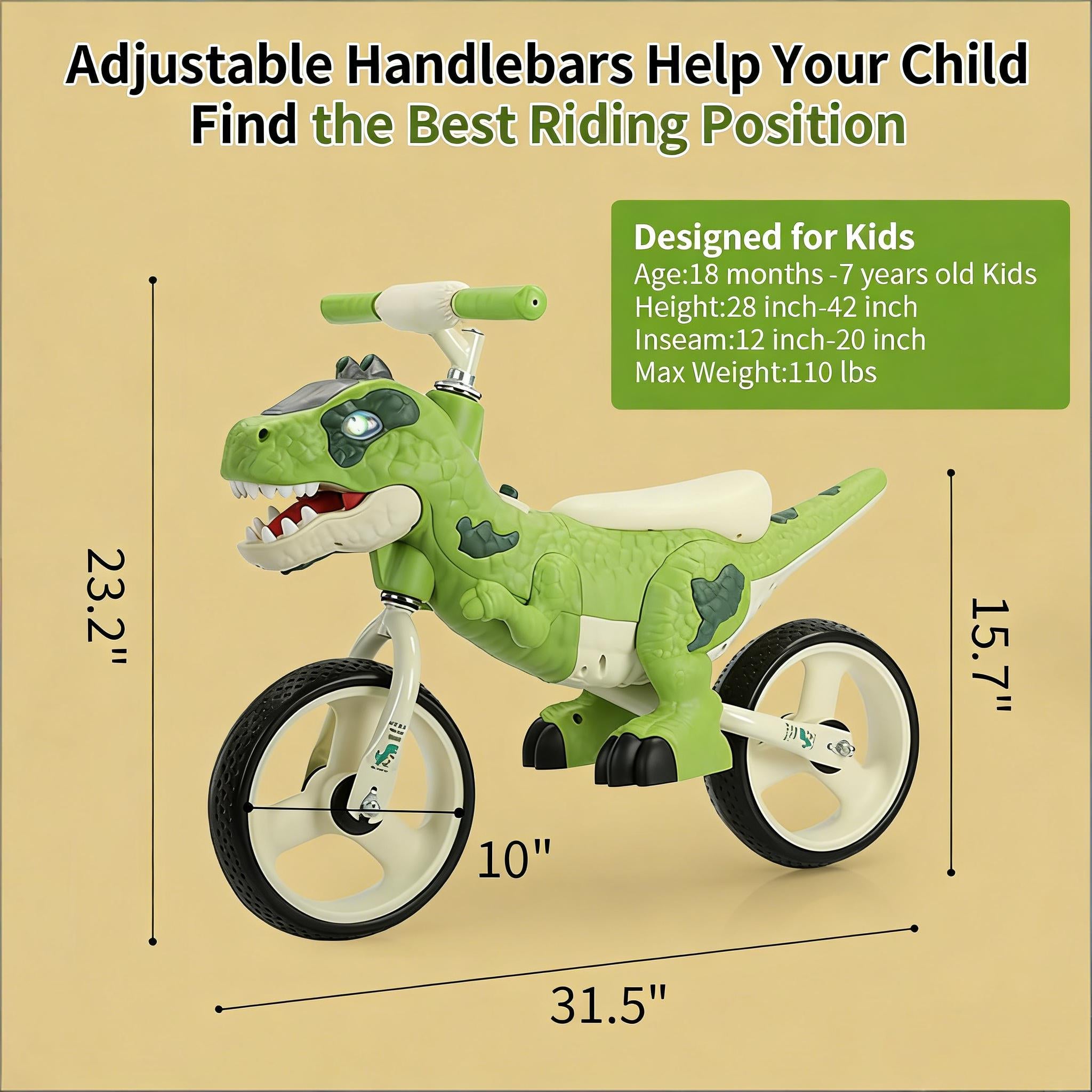 Toddler Dino Balance Bike No-Pedal Training Bike with Adjustable Handlebars and Carbon Steel Frame