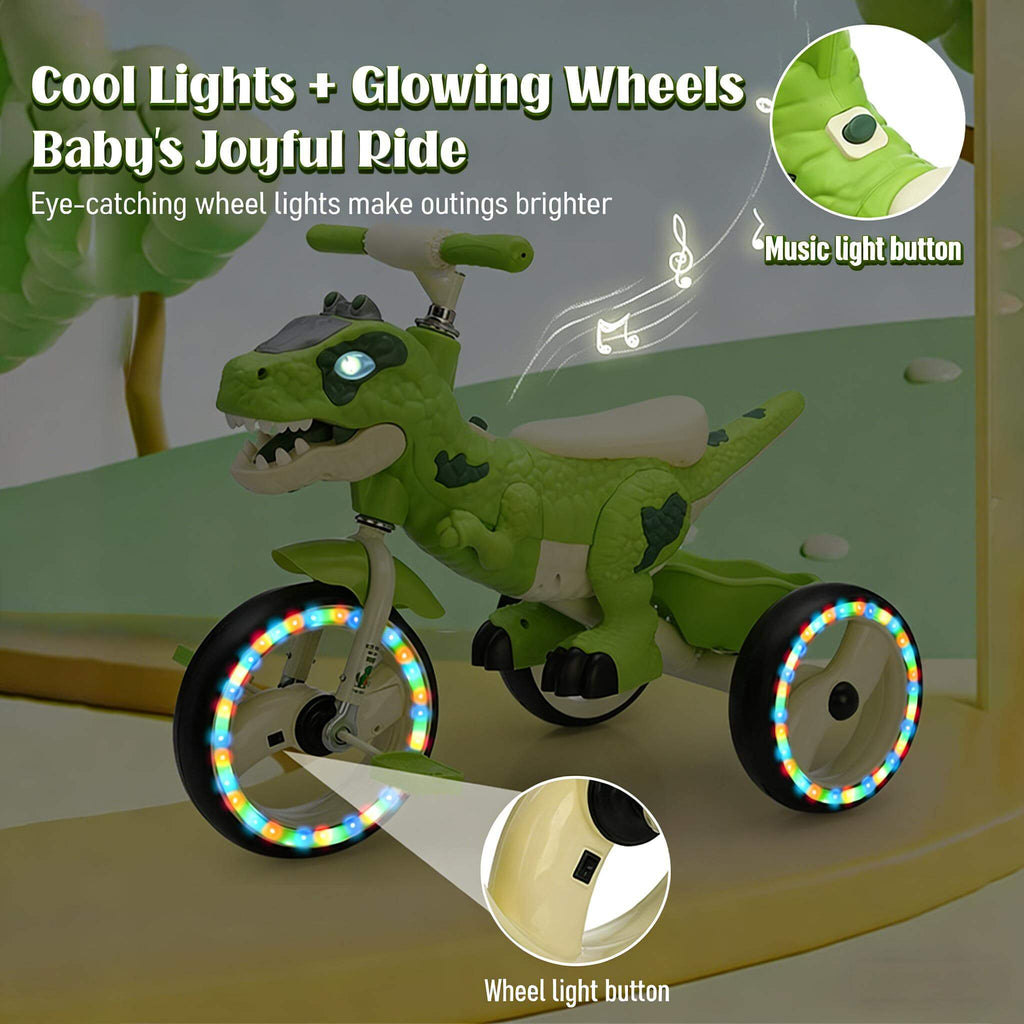 Toddler Dino Tricycle Adjustable Handlebars Ride-on Toy with Storage Basket Music and Light
