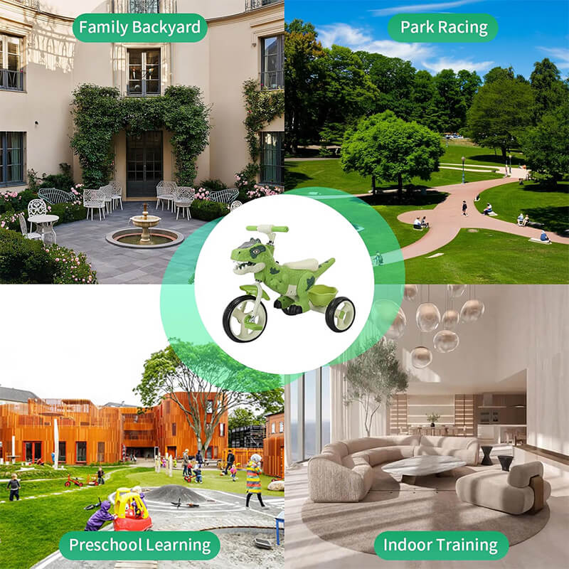 Toddler Dino Tricycle Adjustable Handlebars Ride-on Toy with Storage Basket Music and Light