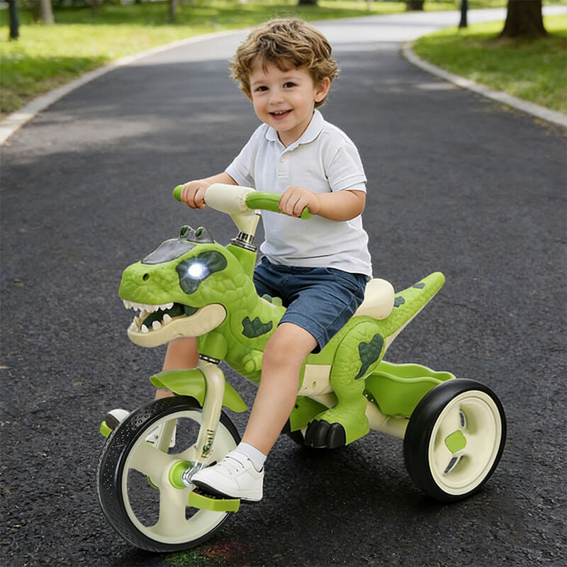 Toddler Dino Tricycle Adjustable Handlebars Ride-on Toy with Storage Basket Music and Light