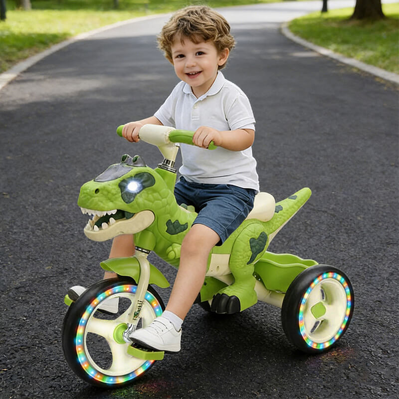 Toddler Dino Tricycle Adjustable Handlebars Ride-on Toy with Storage Basket Music and Light