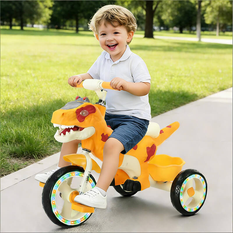 Toddler Dino Tricycle Adjustable Handlebars Ride-on Toy with Storage Basket Music and Light
