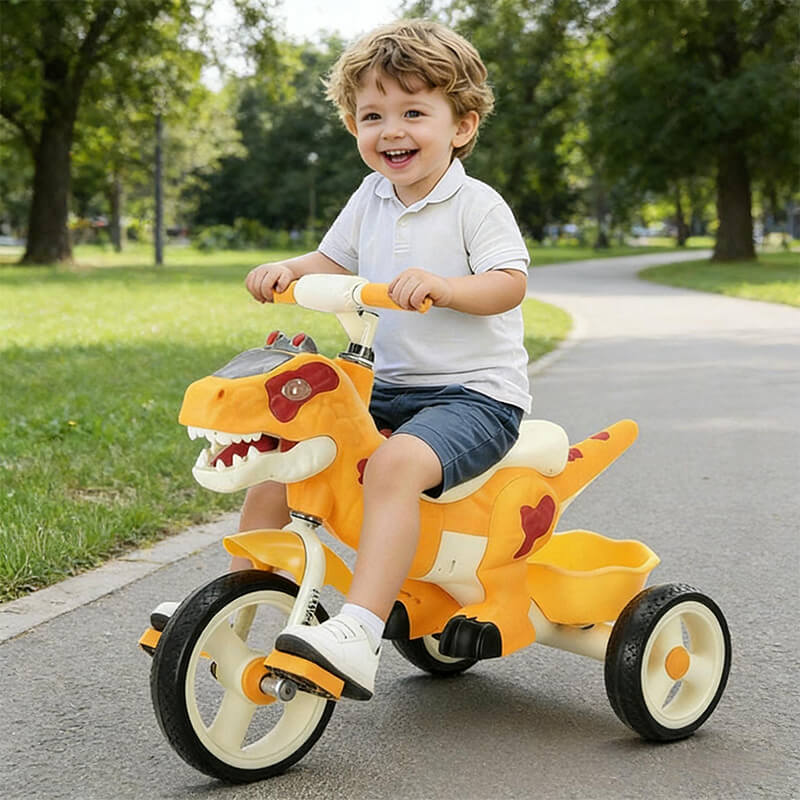Toddler Dino Tricycle Adjustable Handlebars Ride-on Toy with Storage Basket Music and Light
