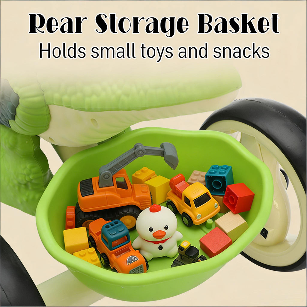 Toddler Dino Tricycle Adjustable Handlebars Ride-on Toy with Storage Basket Music and Light