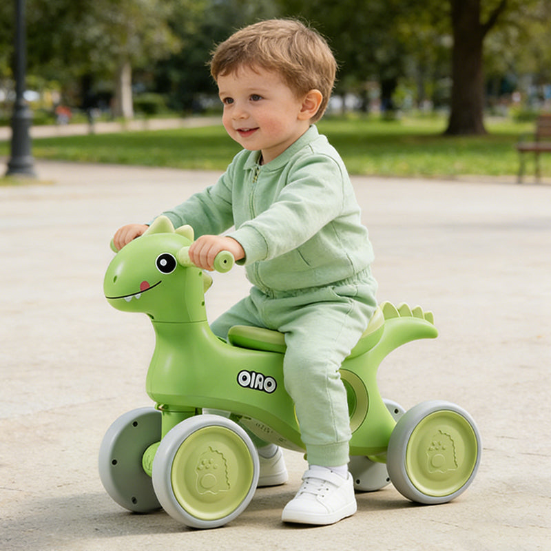 Baby Dino Balance Bike 4 Wheels Toddler First Bike Safe Steering with Light Music Birthday Gifts