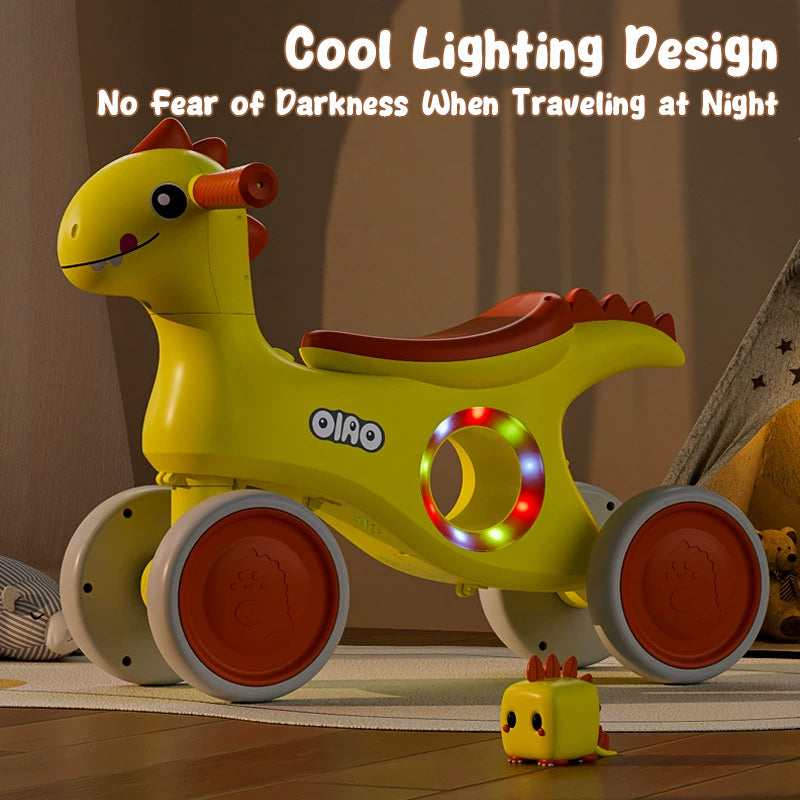 Baby Dino Balance Bike 4 Wheels Toddler First Bike Safe Steering with Light Music Birthday Gifts