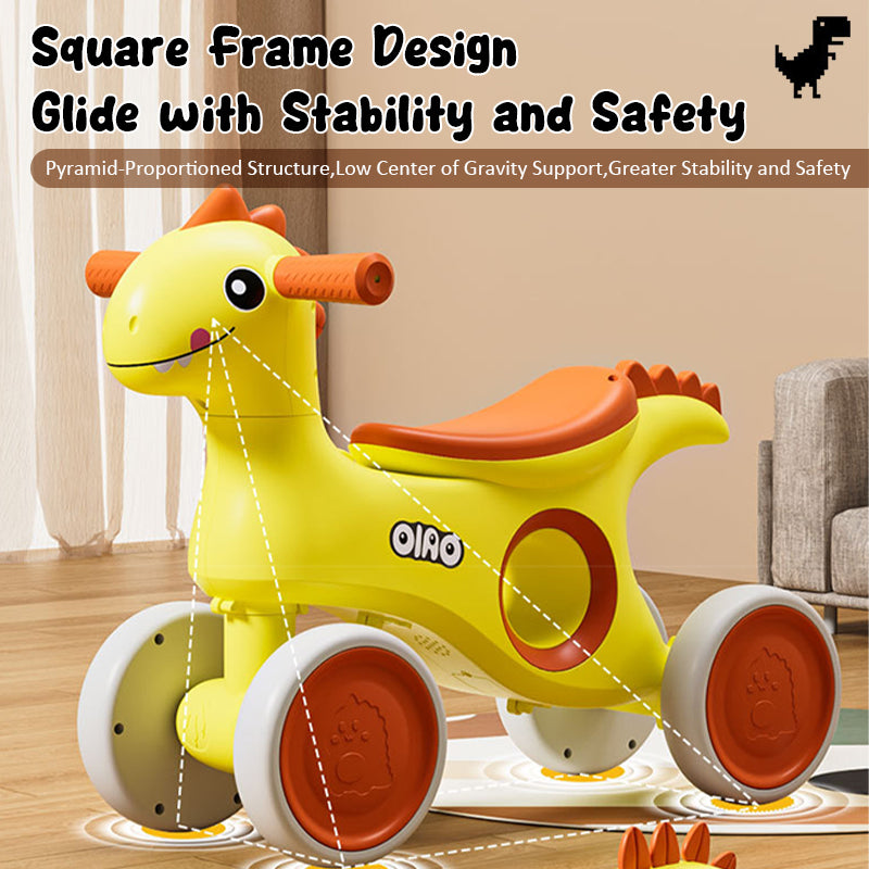 Baby Dino Balance Bike 4 Wheels Toddler First Bike Safe Steering with Light Music Birthday Gifts