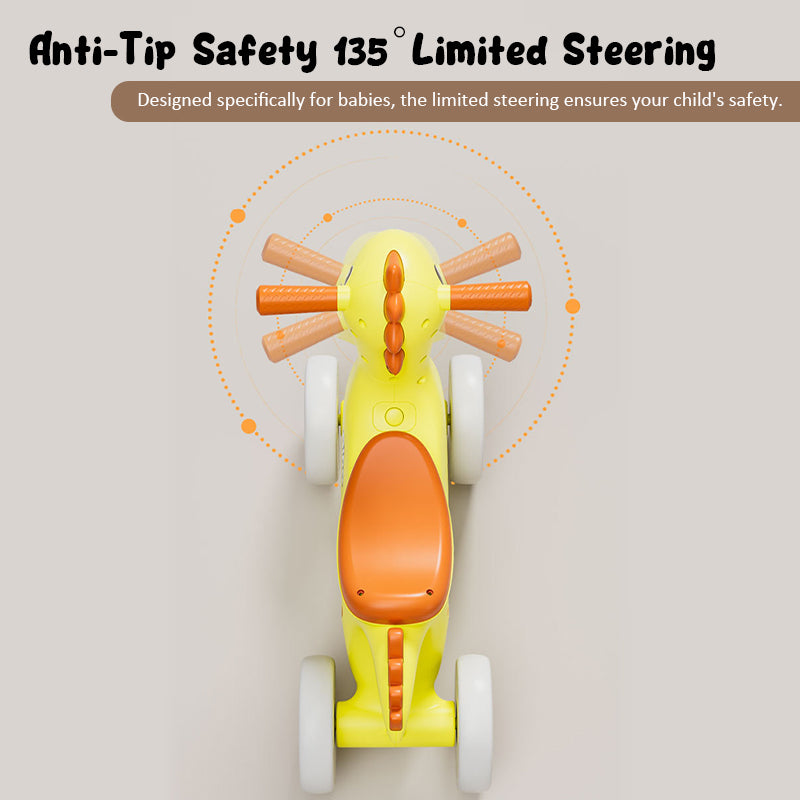 Baby Dino Balance Bike 4 Wheels Toddler First Bike Safe Steering with Light Music Birthday Gifts