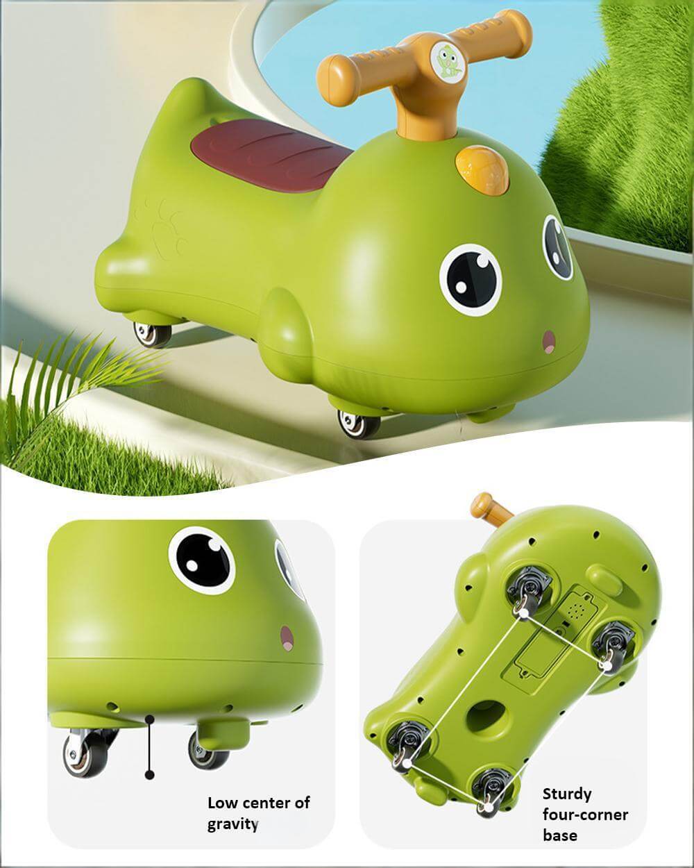 Toddler Dinosaur Wiggle Car 360° Silent wheels Anti-rollover Sliding Car with Light Music