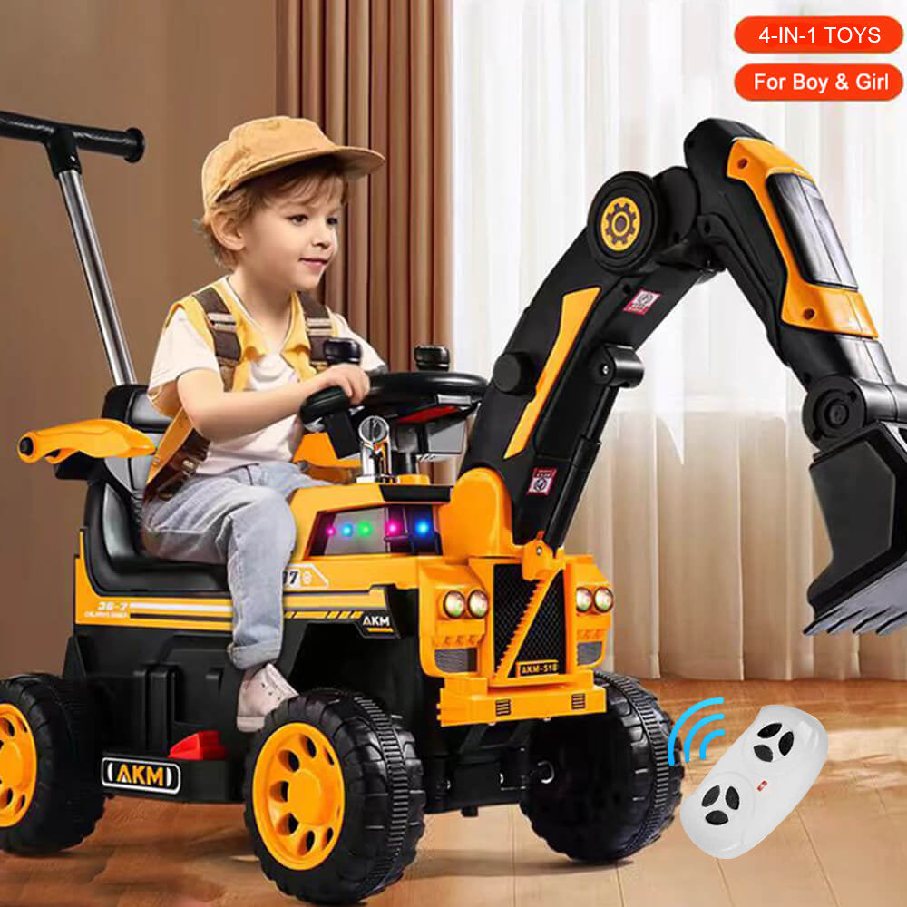 3-In-1 Toddler 6V Ride-On Push Car Kids 4WD Rechargeable Excavator with Fully Electric Digging Arm