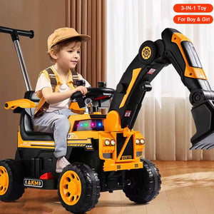 3-In-1 Toddler 6V Ride-On Push Car Kids 4WD Rechargeable Excavator with Fully Electric Digging Arm