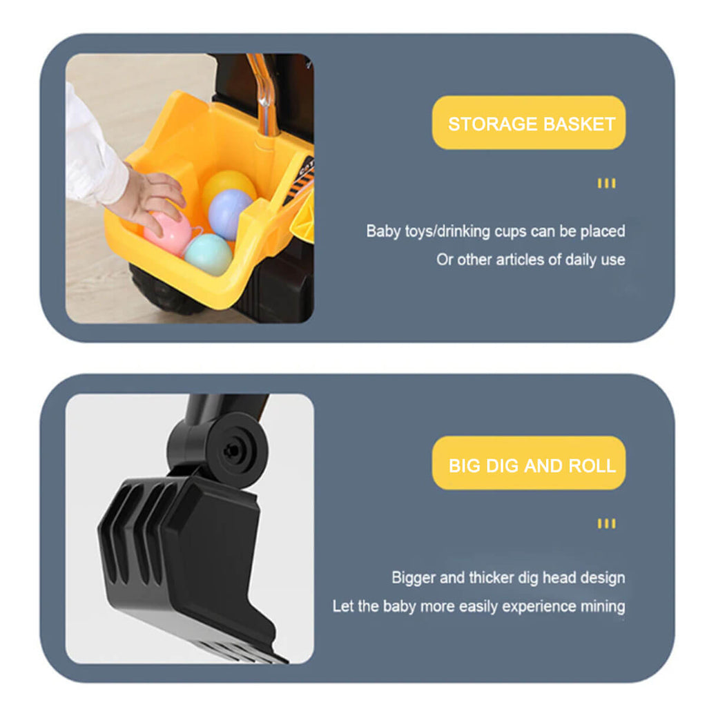 3-In-1 Toddler 6V Ride-On Push Car Kids 4WD Rechargeable Excavator with Fully Electric Digging Arm