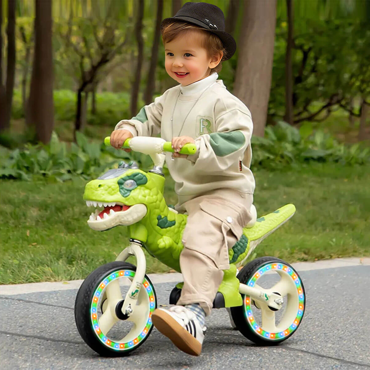 10" Dinosaur Kids Balance Bike with Music & Lights Toddler Training Bike for 10 Months-3 Years Old
