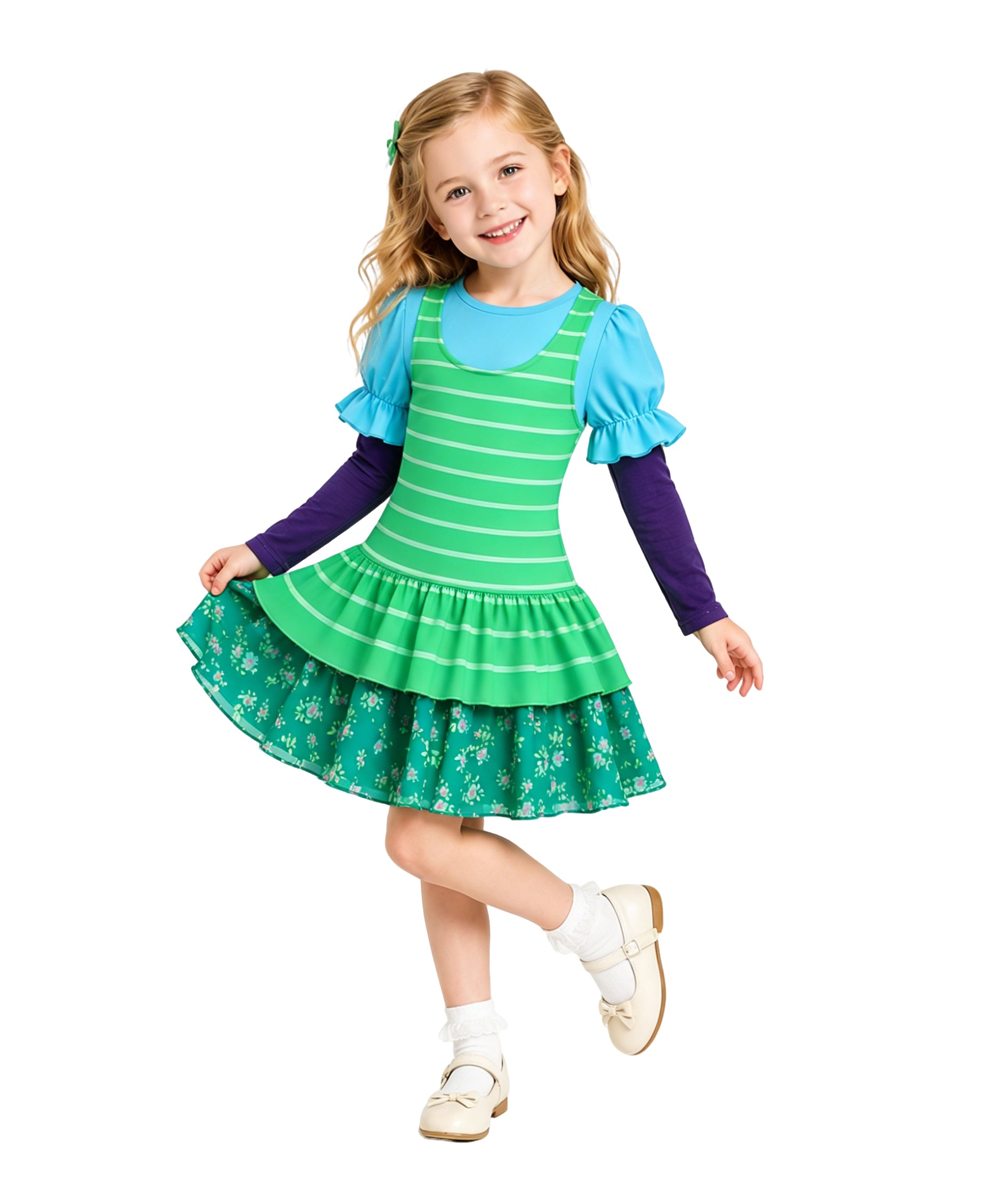 Girls Toy Owner Costume Green Striped Layered Dress and Shirt 2pcs Suit for Halloween Cosplay