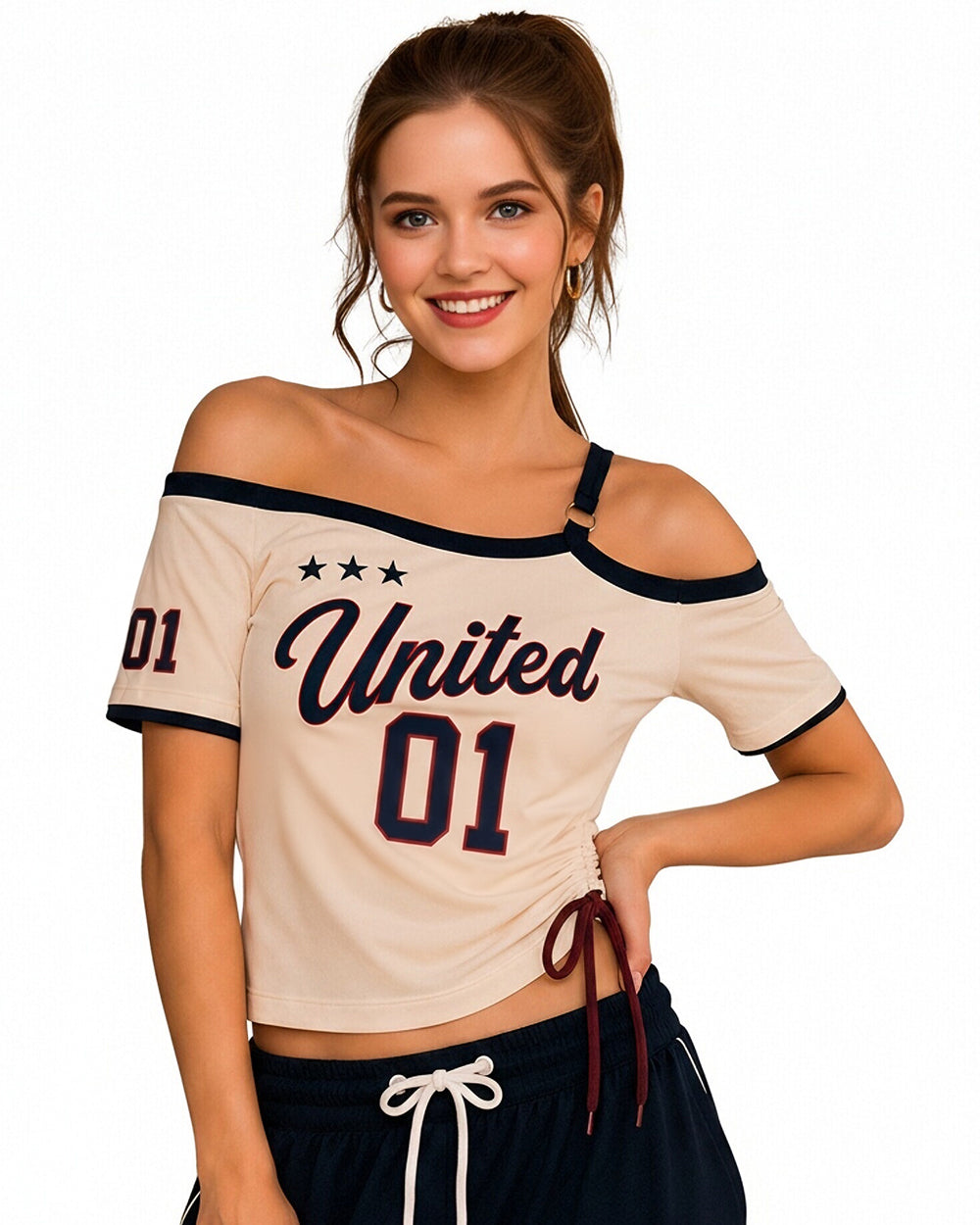 US Women's Jersey White Off Shoulder Crop Drawstring Tee for Stadium Sports Cheering