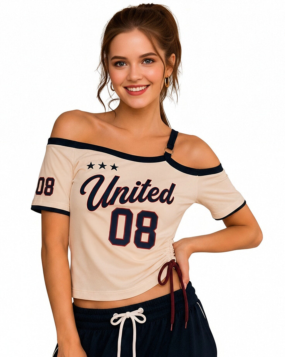 US Women's Jersey White Off Shoulder Crop Drawstring Tee for Stadium Sports Cheering